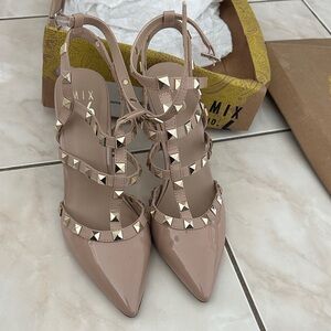 Mix No. 6 Nude Patent Pointed Toe Studded T-Strap Heels